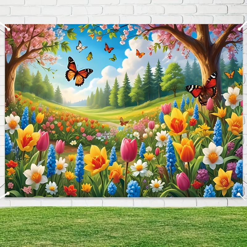 Vibrant spring floral and butterfly banners, colorful floral landscapes, blooming tulips, roses, and dense green plants 100x150cm