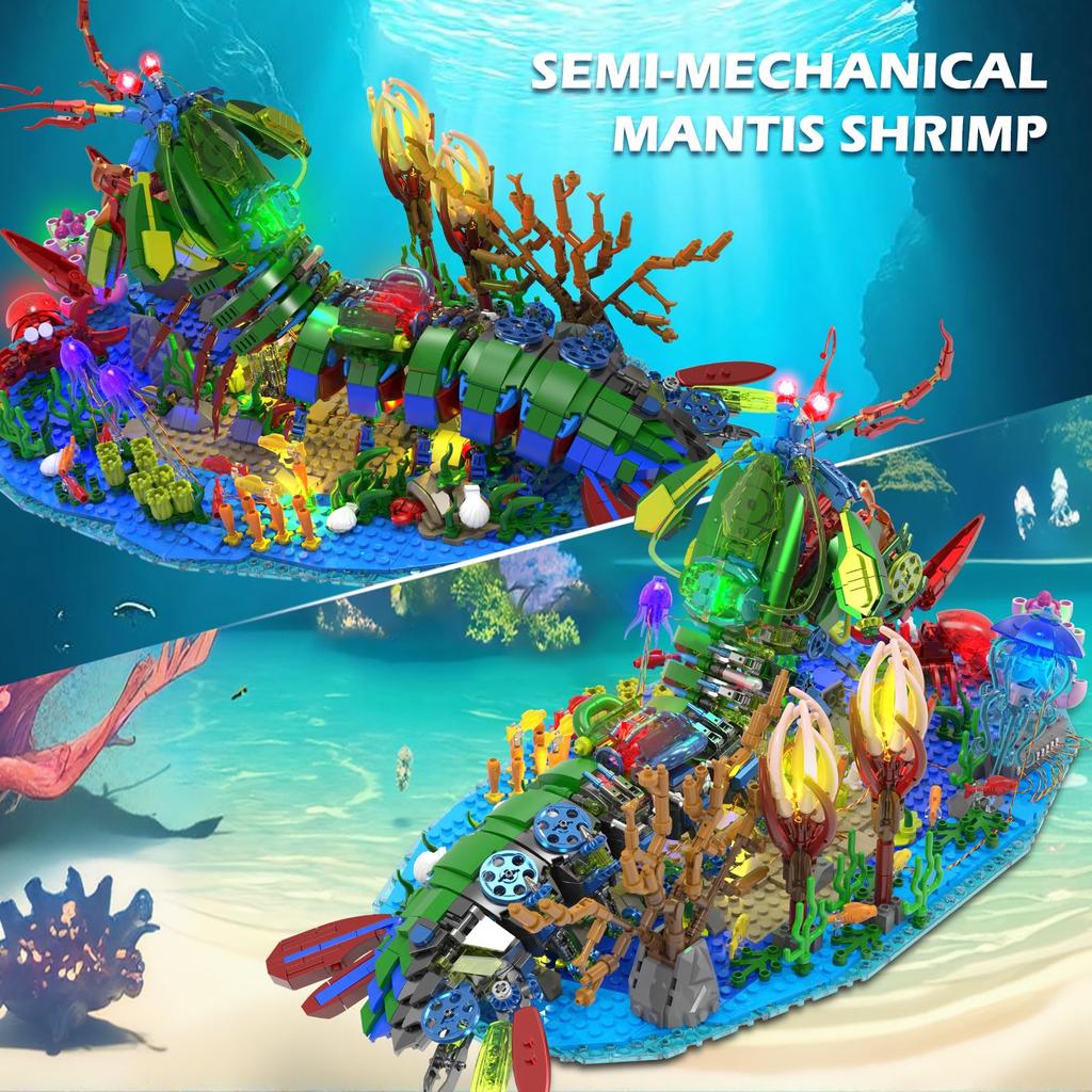 JMBricklayer Mechanic Mantis Shrimp Building Blocks Set with LED Lights, Marine Life 70013, Sea Animal Model with Jellyfish, Crab, and Coral Reef,