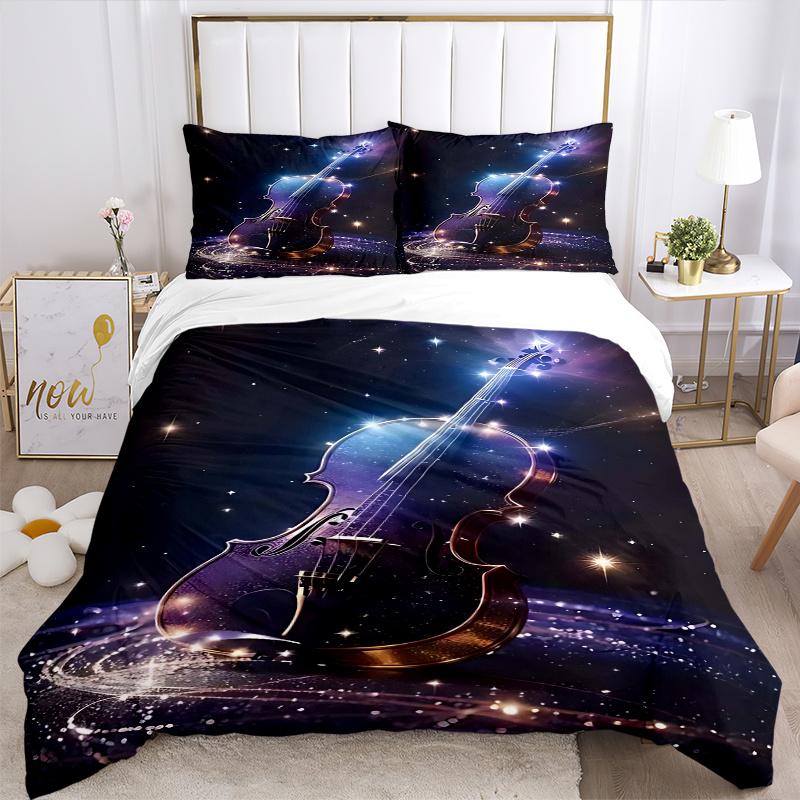 3pcs Anime Cartoon Design Violin Musical Instrument Bedding Set, Includes One Quilt Cover and Two Pillowcases (No Core), Perfect for Home Decor