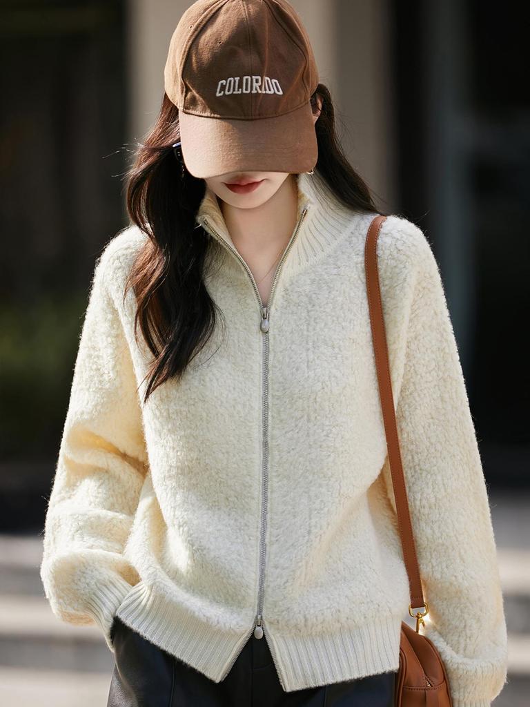 Women's Korean Chic Loop Yarn High Collar Wool Cardigan Sweater with Double Zipper