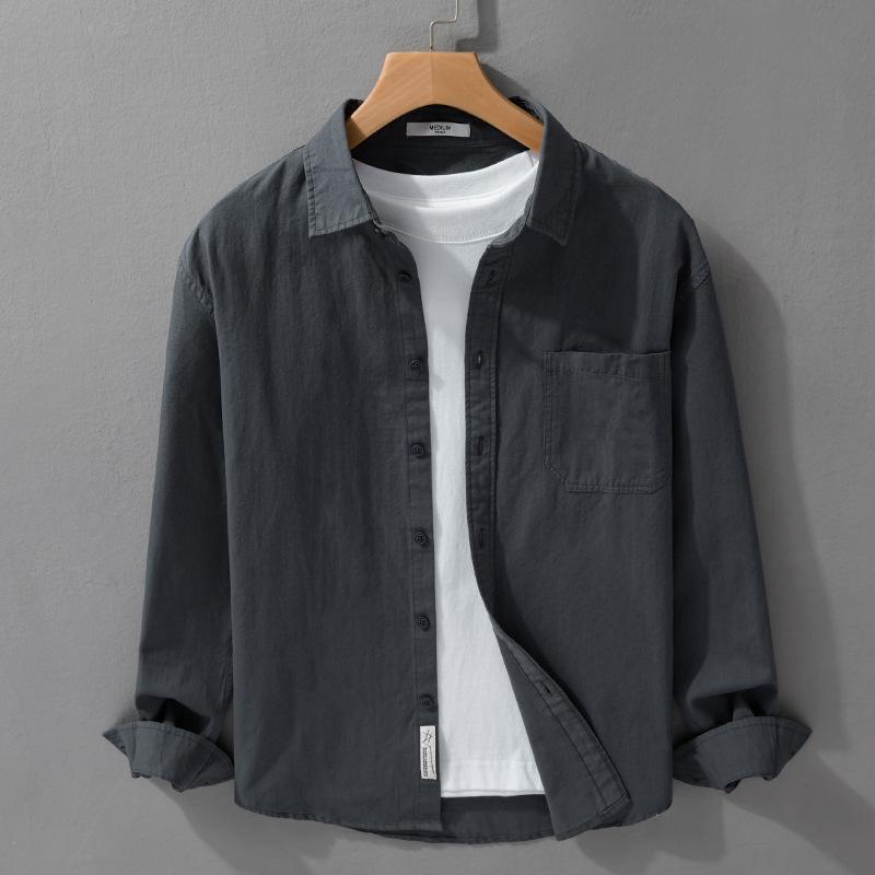 Spring and Summer Long Sleeve Mens Shirts Korean Version Solid Color Slim Shirts Comfort Pure Cotton Turn Down Collar Solid Color Casual Tops