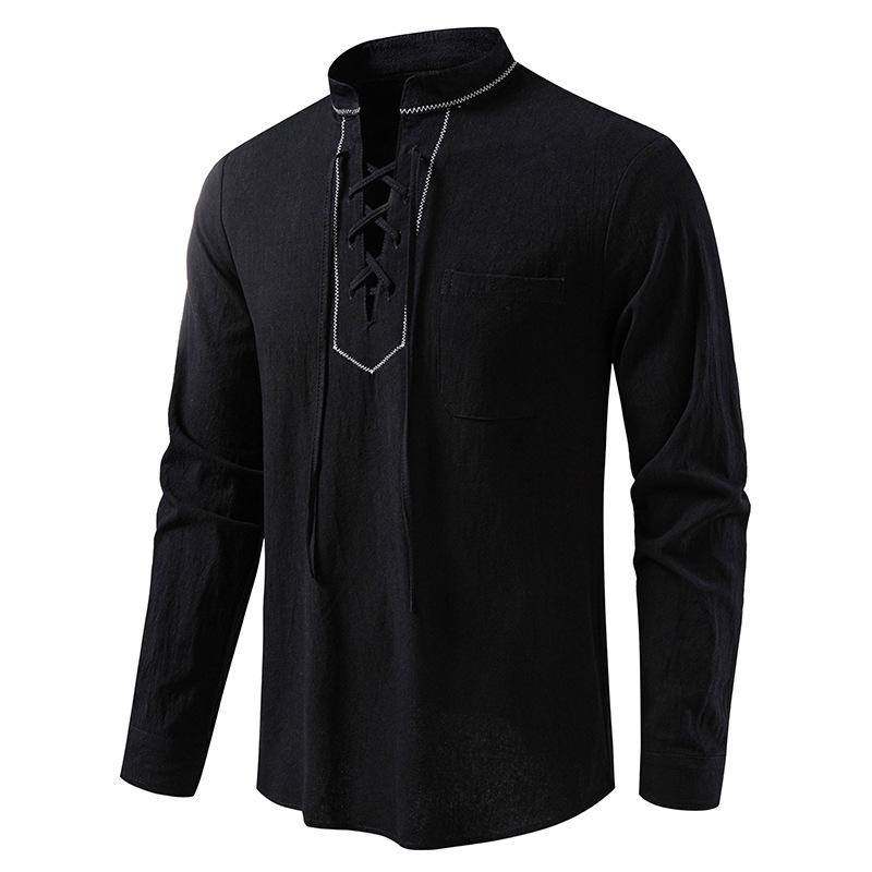 Men's Lace-Up Stand Collar Long Sleeve Shirt Casual Retro Top for Men Spring Autumn Fashion Multi-Color Male Blouse