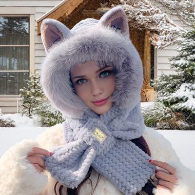 Thermal Elastic Scarf Hat Bear Ear Decor Autumn Winter 2 In 1 Scarf Hat Outdoor Activities Skiing Camping Warm Headwear