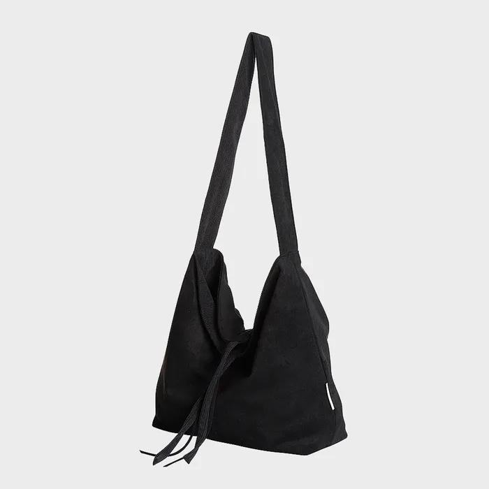 Plain Easy Corduroy Suede Reversible Shoulder Bag - Black