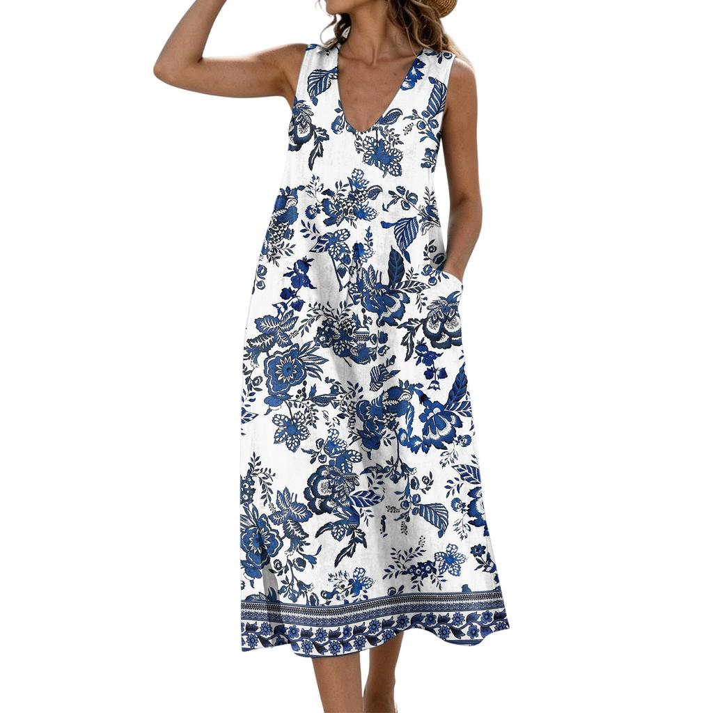 Women's Sleeveless U Neck Midi Dress with Pockets and Side Slits Cotton Linen Floral Print Casual Loose Fit Vest Dress