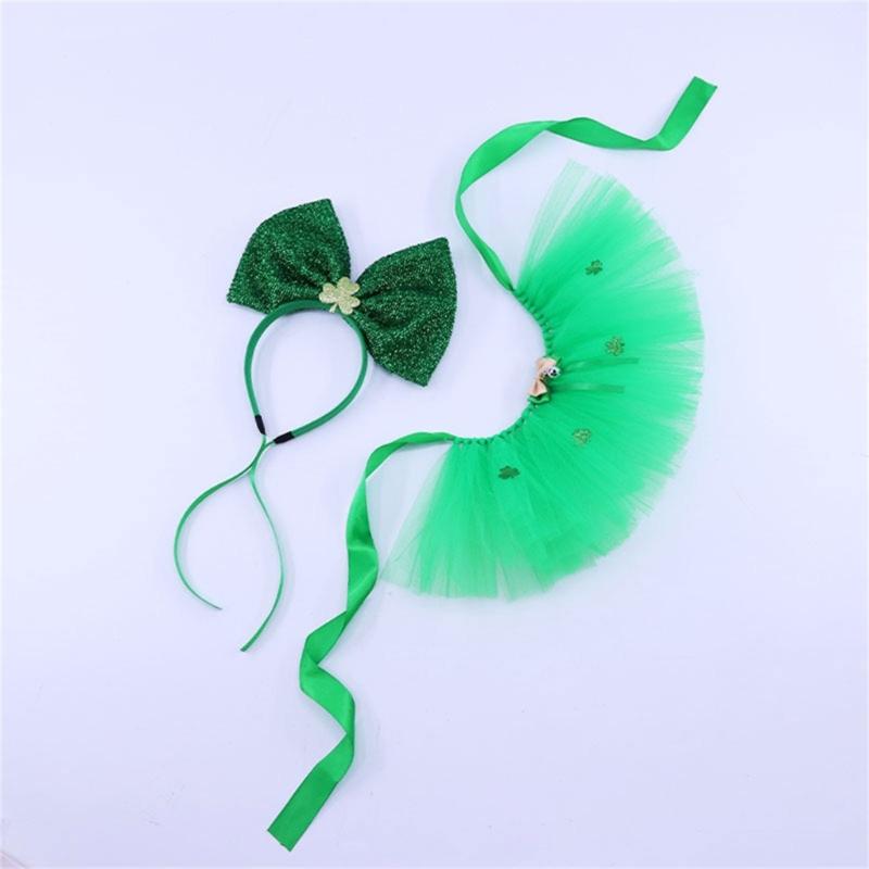StPatricks Festival Cat Costume Dog Tulle Skirt Sequins Bowknot Headband Pet Irish Theme Dress Up Clothing Photo Outfit