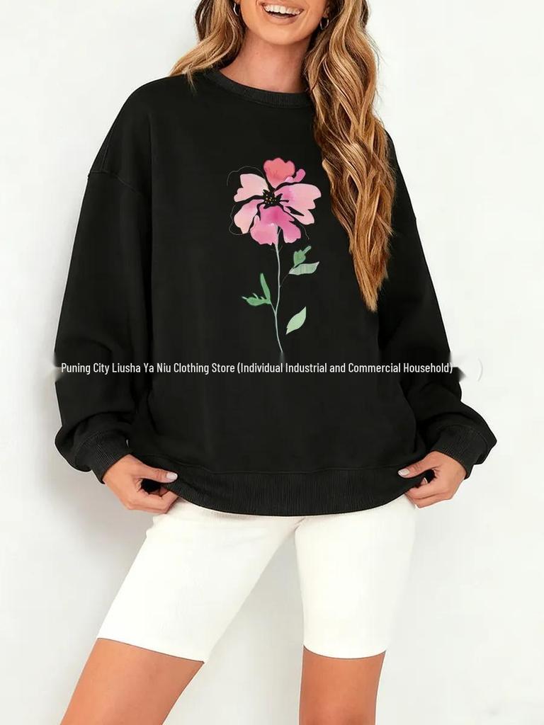 European & American Style Floral Print Thickened Hip Hop Sweatshirt for Women - Autumn/Winter Round Neck Comfy Fashion
