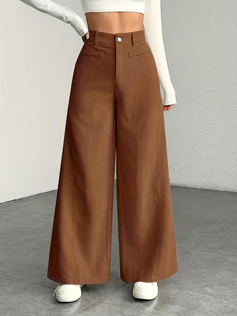 High Waist Corduroy Women's Wide Leg Pants - Casual, Loose, Floor-Length, Solid Color.
