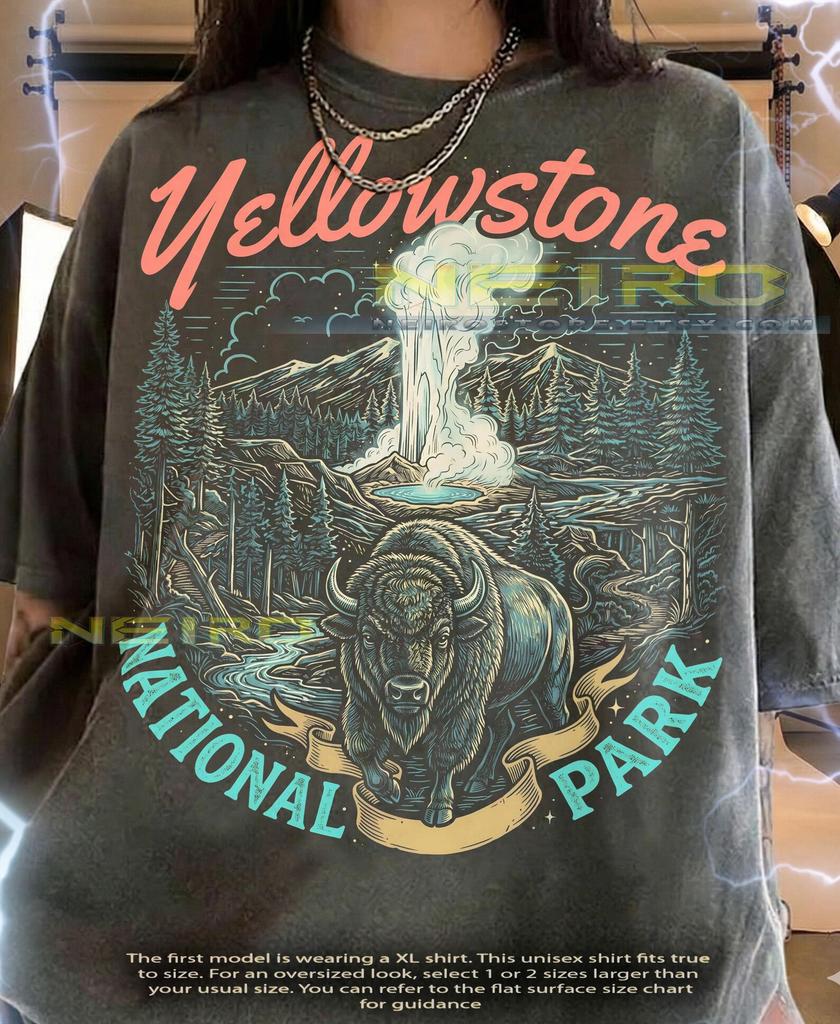 Yellowstone National Park Bison Buffalo West Comfort Colors® Tshirt, Geyser Wildlife Nature Mountain Forest Sketch Vintage Bootleg Tee