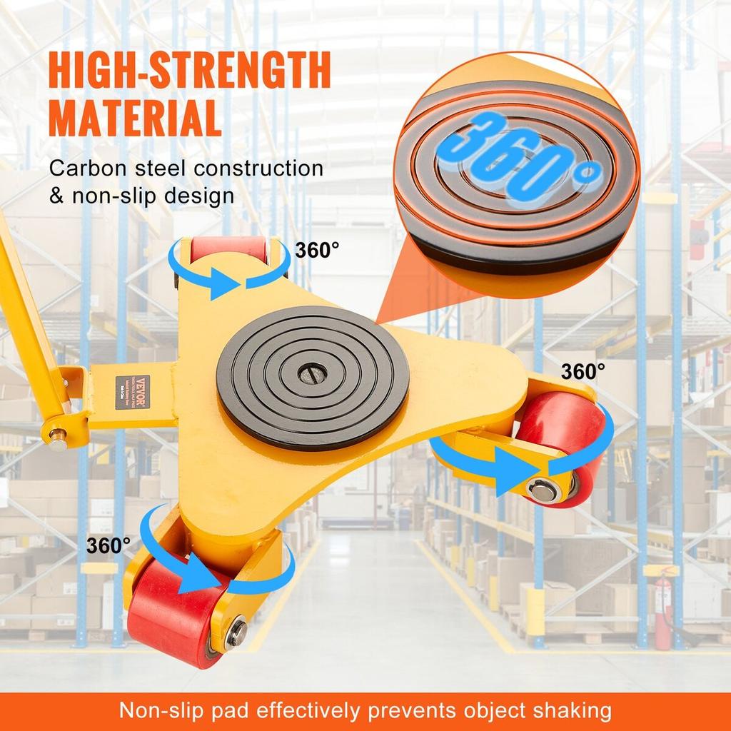 Machinery Skate Dolly, 6614 LBS/3T Industrial Machinery Mover with Handle, Carbon Steel Machinery Moving Skate with 3 360° Swivel PU Wheels, 360°