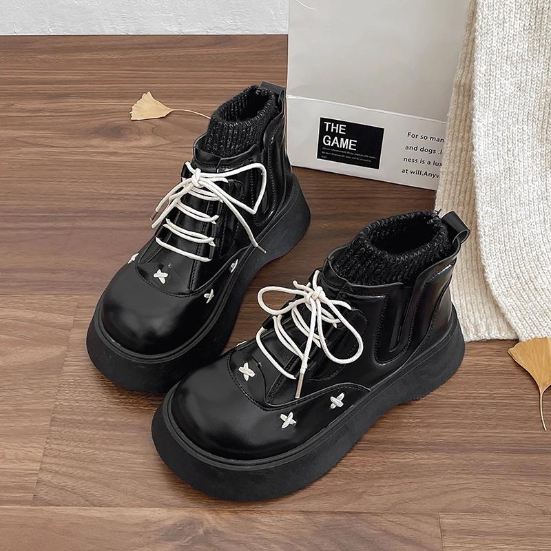 Damen Plateaustiefeletten Frühling Herbst Elegante Lolita Stil Damen Freizeitstiefel Einfache Vielseitige Lederstiefel Damen