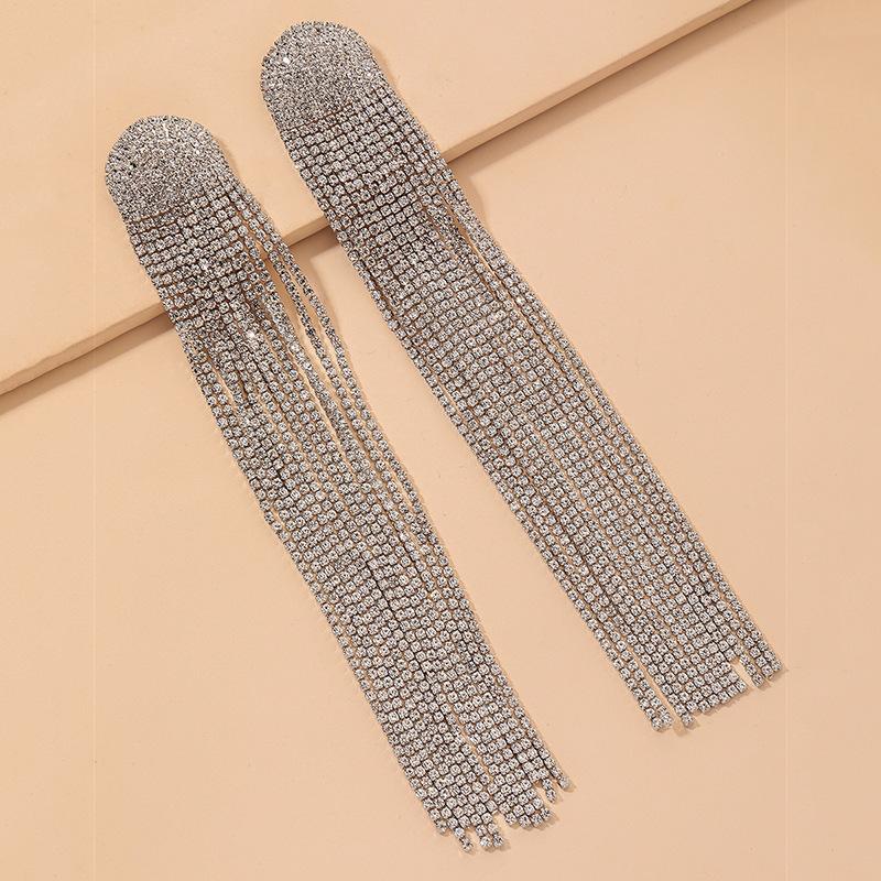 Silver needle exaggerated full of rhinestones long fringed earrings elegant temperament ins Internet celebrity earrings