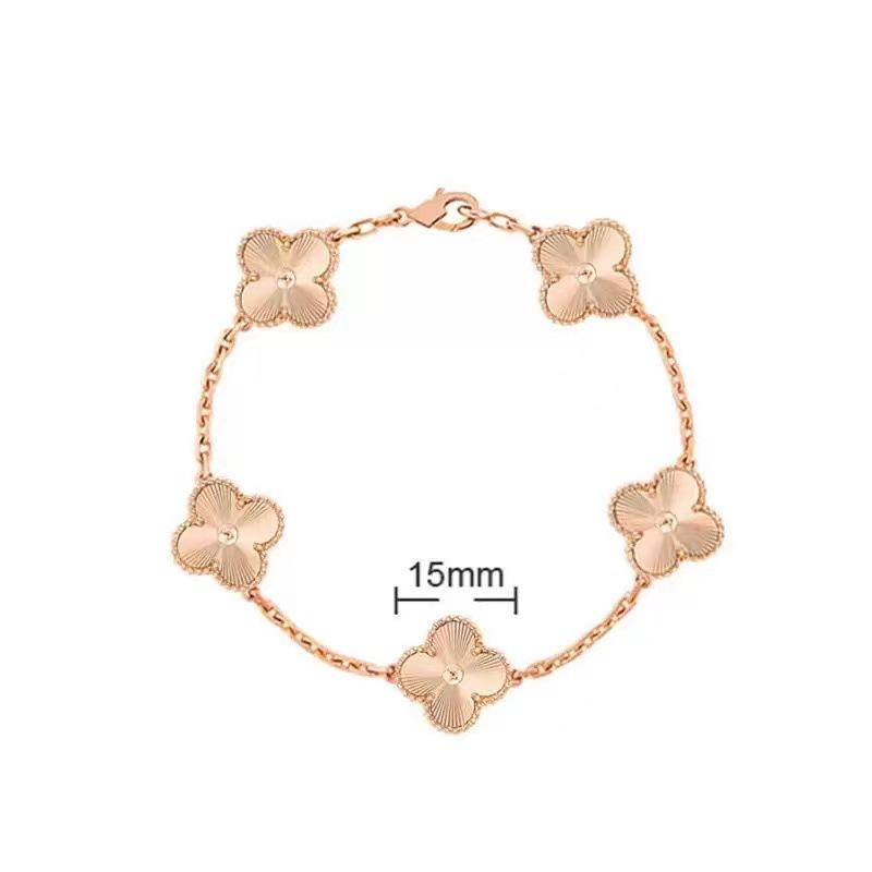 

Высококачественный браслет из 18-каратного розового золота с лазерной белой перламутровой вставкой, красным халцедоном 15 мм, четырехлистным клевером и пятью цветами для женщин