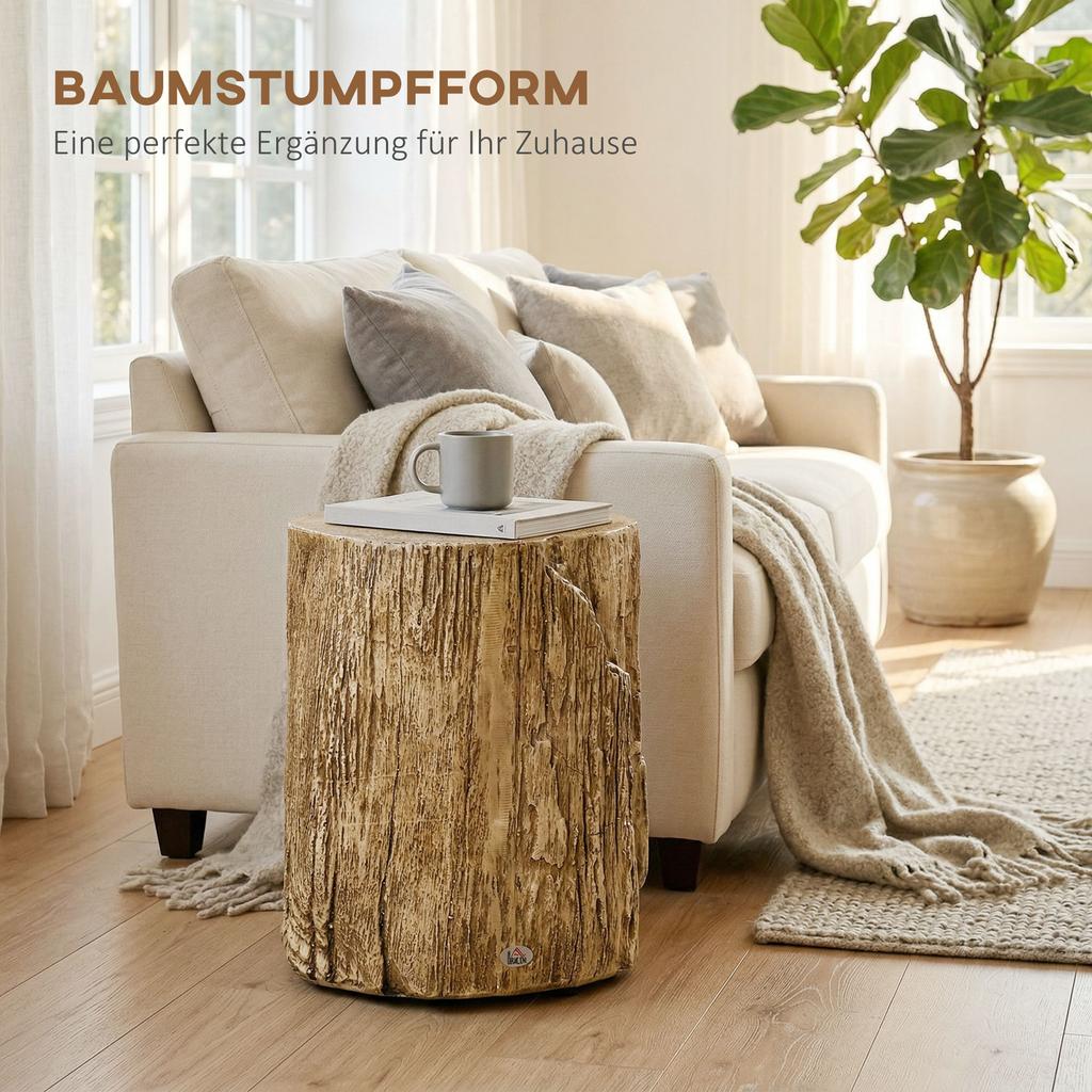 Tree Stump End Table, Round Concrete Side Table for Indoor and Outdoor Use, Natural Wood Effect