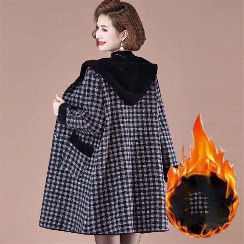 Dámský větrovník Podzimní Hrubý Plyšový Teplý Kabát Korejský Volný S Kapucí Dlouhý Kostkovaný Kabát Dámská Fleecová Bunda