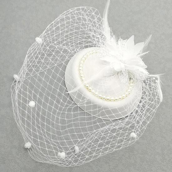 Vintage Style Pillbox Hat with Faux Pearls Mesh Feather Decor Hair Topper Headwear Weddings Events Hair Accessories