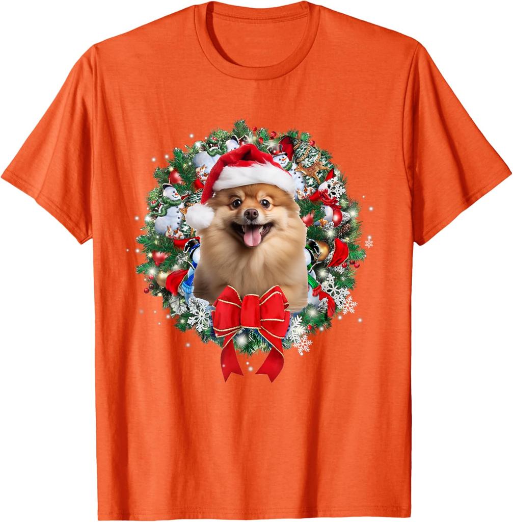 Pomeranian Christmas Wreath Graphic Tee Cute Dog Lover Casual Short Sleeve T-Shirt