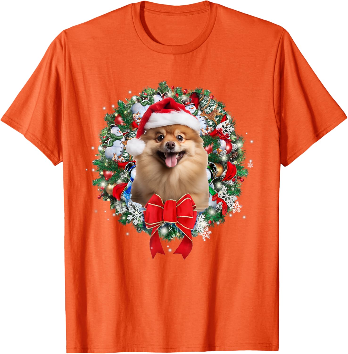 

Pomeranian Christmas Wreath Graphic Tee Cute Dog Lover Casual Short Sleeve T-Shirt 4XL