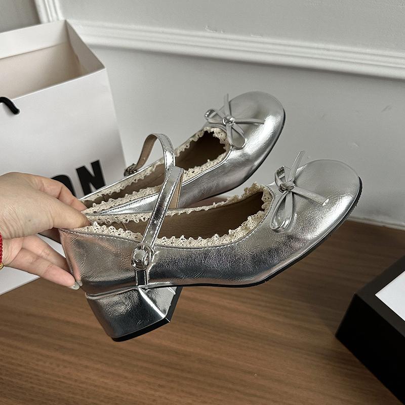 Sring Autumn Women Mary Jane Shoes Fashion Butterfly-knot Dress Shoes Ladies Concise Outdoor Thick Heel Leather Shoes