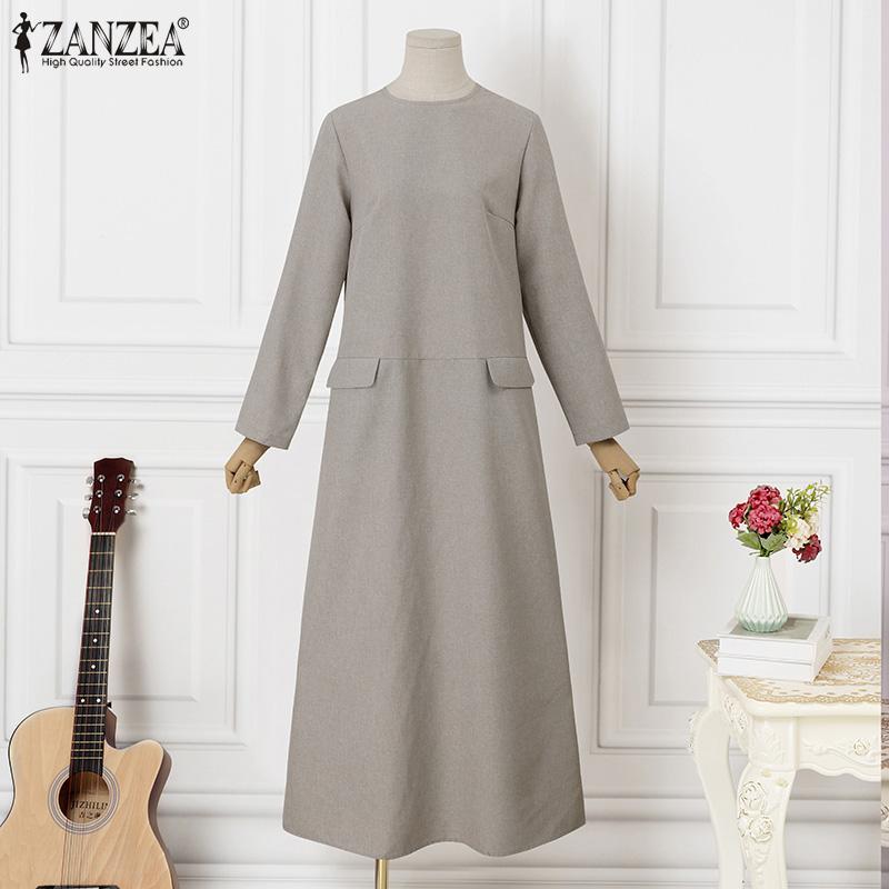 

ZANZEA Женское повседневное свободное платье в стиле ретро с круглым вырезом и длинными рукавами