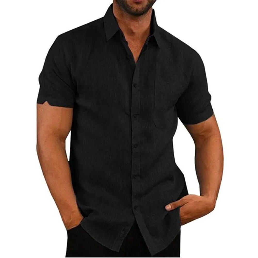 Cotton Linen Men's Short-Sleeved Shirts Summer Solid Color Turn-down Collar Casual Beach Style Plus Size