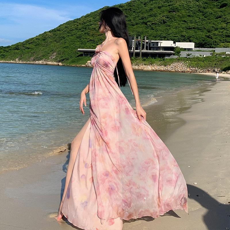 Hochwertiges leichtes Luxus-Kleid mit dreidimensionalem Blumen-Nischenhals, für den Sommer, den Strand oder den Urlaub, für Damen