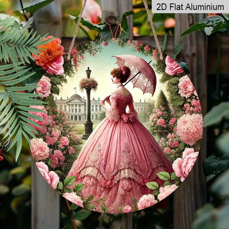 2D Flat 1pc, 8x8 in, Vintage Garden Lady Round Aluminum Metal Sign, 2D High-Definition Print, Home, Kitchen, Cafe, Restaurant, Garage, Porch, Patio