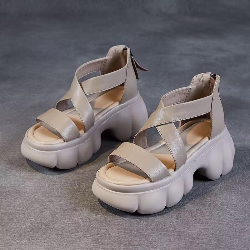 

Popular muffin platform cross sandals summer 2025 new soft leather Roman beach shoes zipper fashion cool boots 40