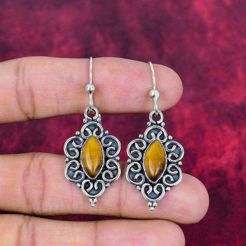 Tiger Eye Handmade Gemstone Earrings, 925 Solid Sterling Silver Earrings Antique Jewelry, For Engagement Gift