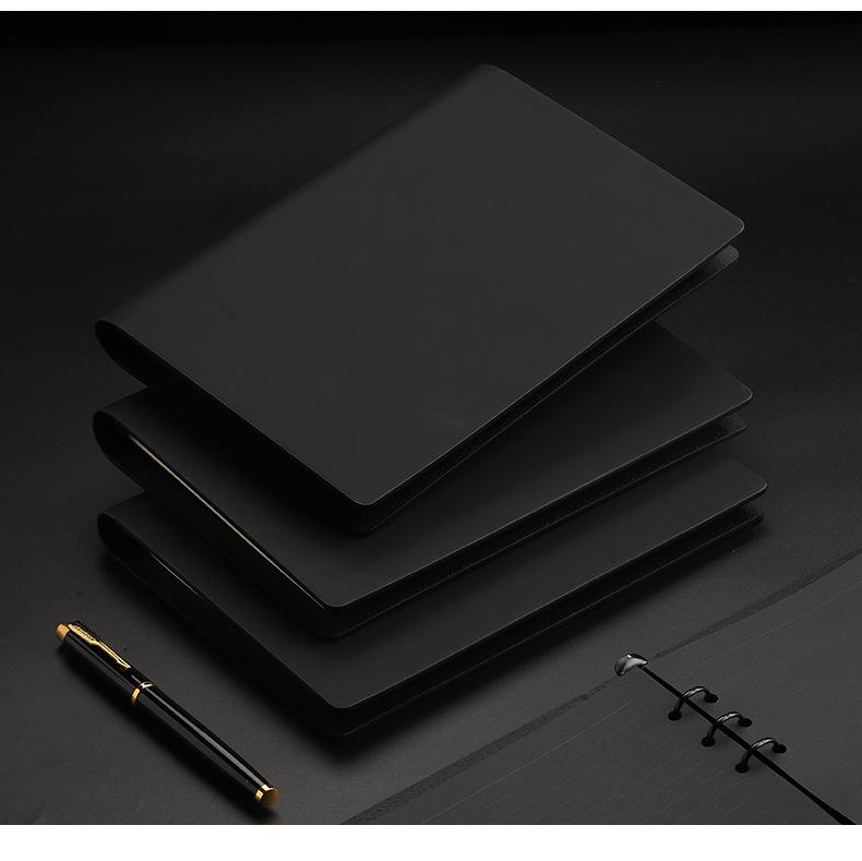 Minimalist Black A5 PU Leather Loose-Leaf Notebook with Black Card Paper Inner Pages