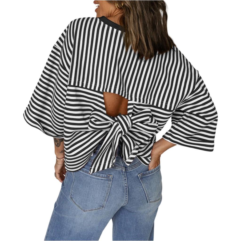 Modeinspirerad rundhalsad randig tröja med rosett bak för dam