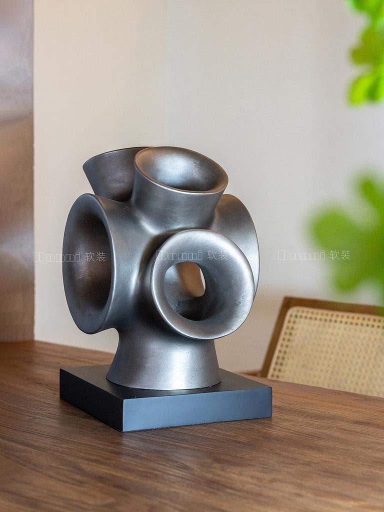 Ceramic Handicrafts Hollowed-out Pipe Flower Arrangement Retro Grey Ceramic Ornaments Abstract Geometric Pot Home Accessories