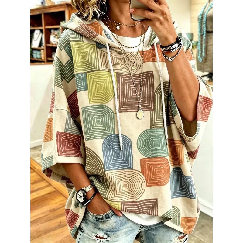 Damska bluza z kapturem, luźna, z rękawem 3/4, w stylu retro, z kwiatowym wzorem, casualowa, na wakacje
