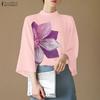 ZANZEA Blusa Feminina Gola Alta Manga 3/4 Estampa Floral Elegante Casual