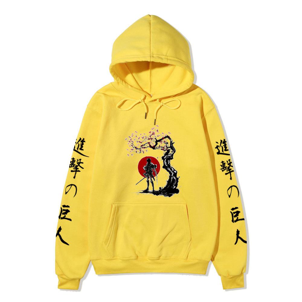 Attack On Titan Samurai Sakura Sun Design Unisex Fleece Hoodie Vertical Japanese Kanji Sleeve Anime Long Sleeve Pullover Sweatshirt