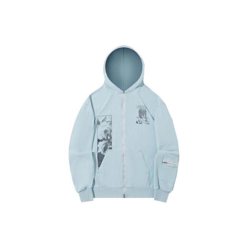 Li Ning X Pleasures Collaboration Disc Print Letter Zip-Up Hoodie Unisex Hoodies Forget-Me-Not-Blue AWDTC03-2