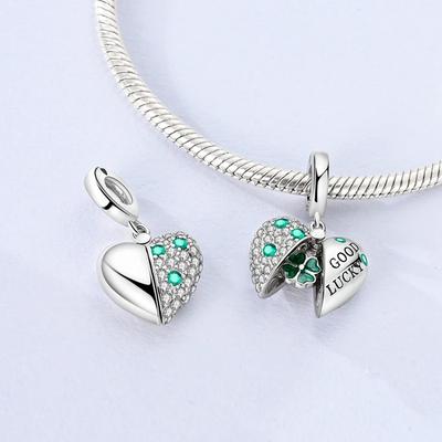 Charm Copper Green Lucky Four-Leaf Clover Heart Pendants Fits Charm Plata Genuine Bracelets Bead Women Jewelry Crafting