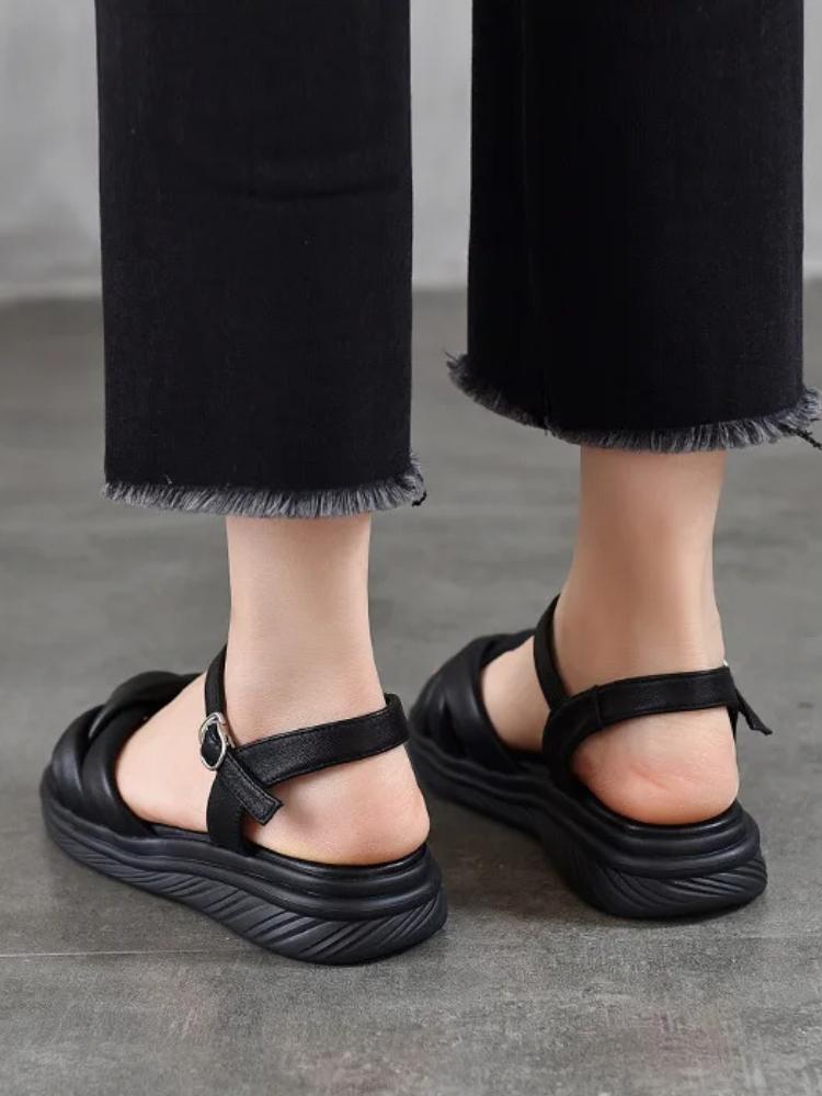 Johnature Casual Versatile Sheepskin Sandals Peep Toe Soft Soled Genuine Leather Flat Women's Shoes