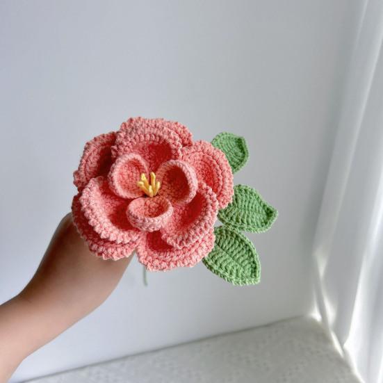 Buchet de bujor croșetat manual, din bumbac tricotat, cu frunze și tulpină lungă, pentru nuntă, decor de casă, cadouri de ziua de naștere și aniversare