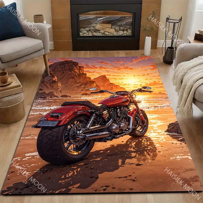1PC Red Motorcycle Beach Sunset Cliffs Print Carpet for Living Room Bedroom Sofa Home Decor Rus Non-slip Floor Mat Luxury Gift