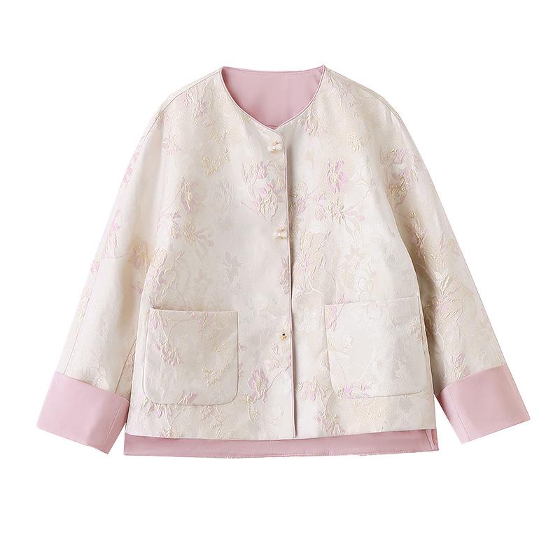 Retro Chinese Jacquard Frog Button Round Neck Jacket - Spring 2025 Collection