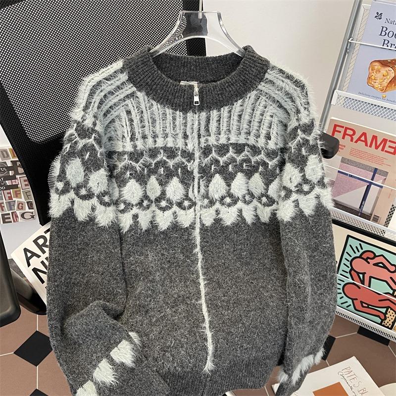 Мужская вязаная кардиган-куртка осенне-зимняя новинка контрастные цвета атмосфера длинный ворс свободный дизайн с длинным рукавом топ 2XL серый 3660₽