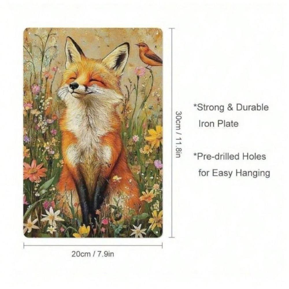 Metal Poster Wall Art, Fox with Flowers Vintage, Home Decor