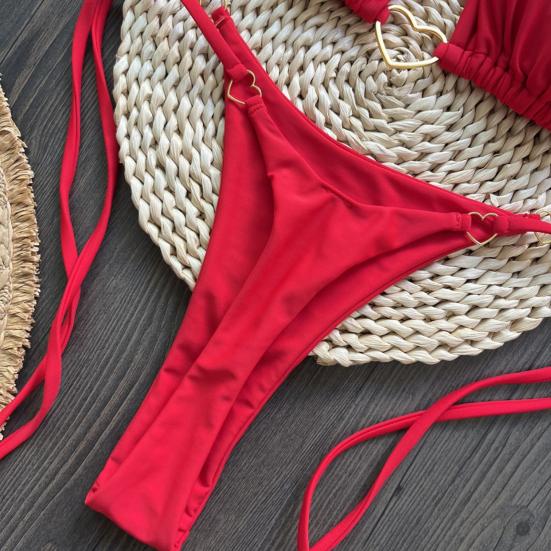 2Pcs/Set Women Bikini Set Heart Metal Buckle Halter Lace-up Swimsuit with Briefs Set