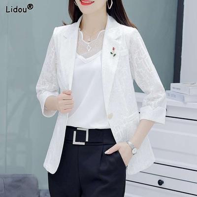 Dreiviertelärm Einfarbig Patchwork Revers Spitze Knopf Blazer Frühling Herbst Dünn Büro Dame Damenbekleidung Formell