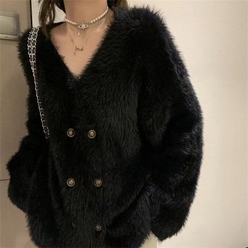 Double-breasted imitation mink cardigan sweater women's autumn new thickened lazy loose and comfortable knitted sweater jacket