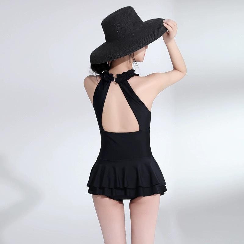 Women's Korean Style One-Piece Swimsuit - Black, Skirted, Backless, Slim Fit, Belly Covering