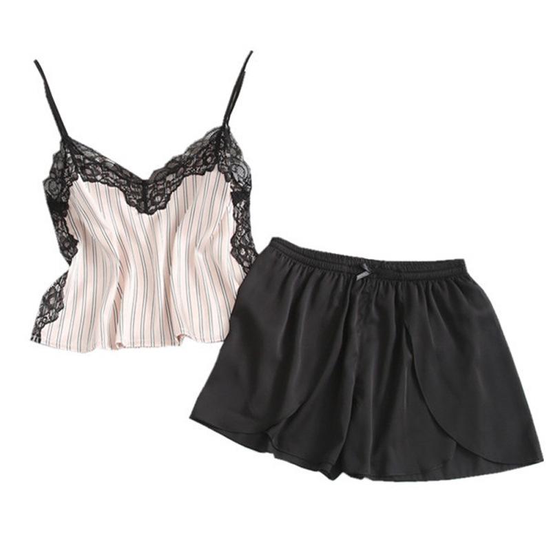 Summer women, sexy splicing collar suspender pajama set, ice silk comfortable loungewear