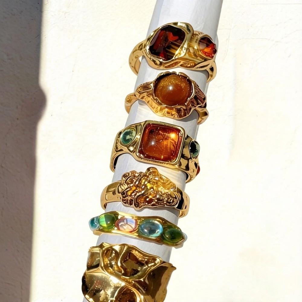 Tiger Eye Inlaid Crystal Ring Set Gold Plated Finger Open Rings Set New Geometric Rings Set Women