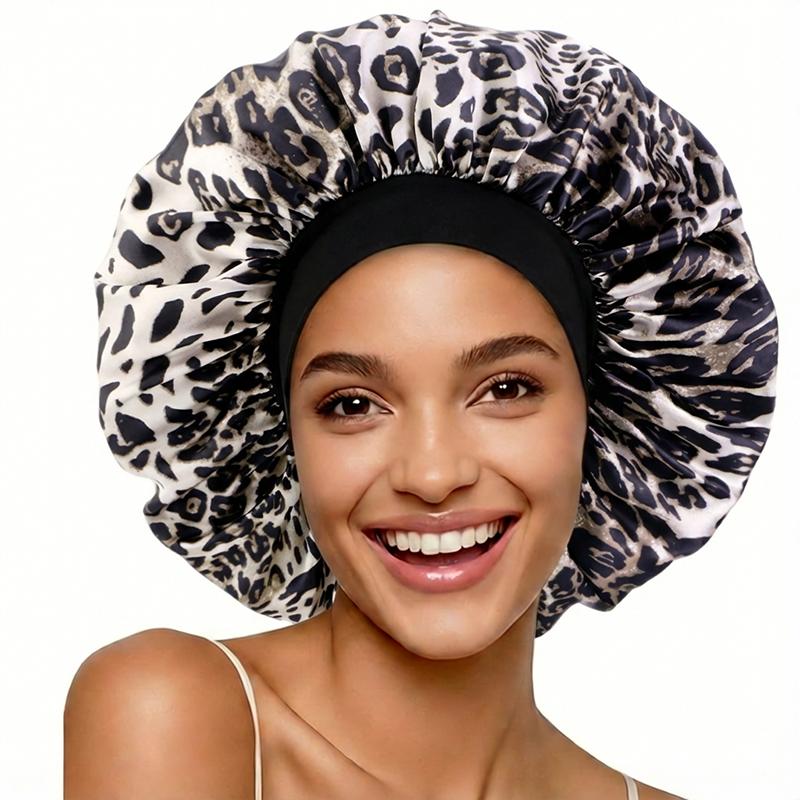 

Leopard Print Satin Bonnet Sleeping Cap Shower Edge Wrap Cover Nightcap For Women Long Hair One Size
